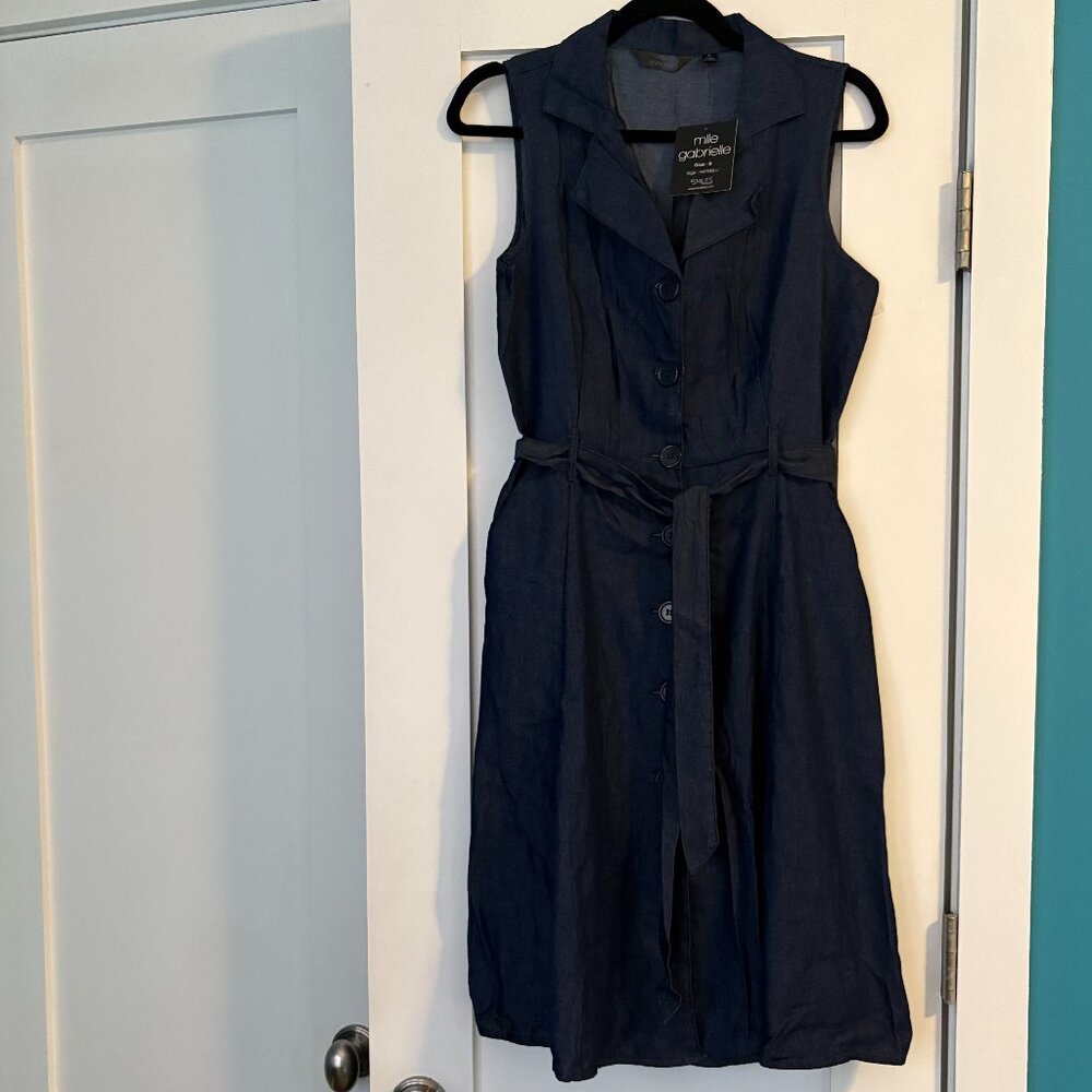 NWT Mlle Gabrielle dark denim blue belted shirtdress size S